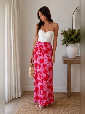 Periwinkle Collection Pink & Red Floral Maxi Skirt, Size Small
